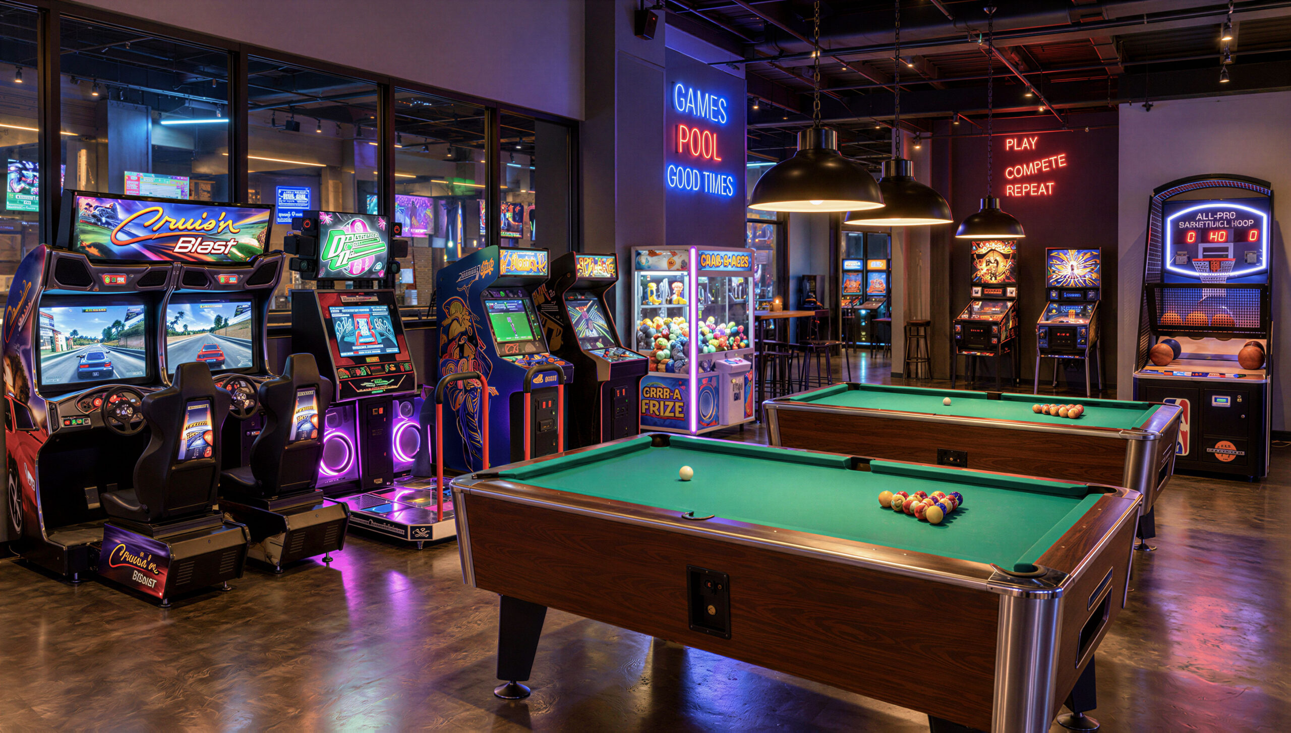 arcade games and pool tables in entertainment center